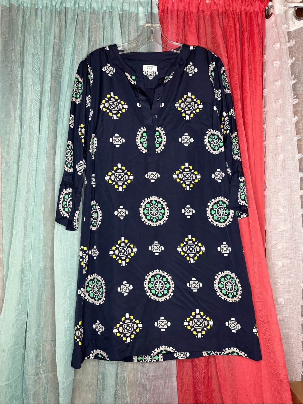 crown & ivy Navy Dress with Green, Yellow & White Medallion Print